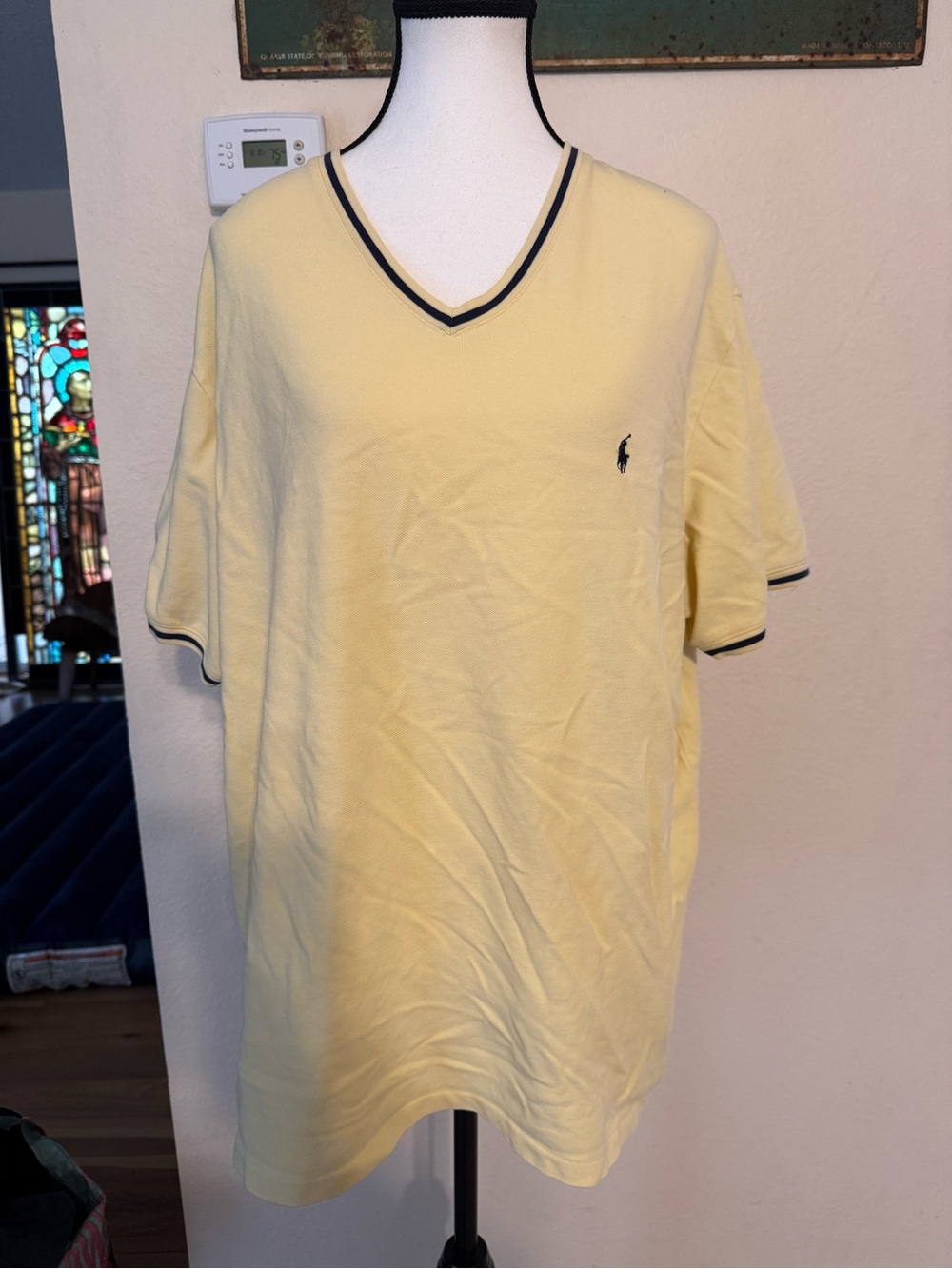 Vintage Polo Ralph Lauren V-Neck T Shirt Yellow Navy Trim Embroidered Pony Mens
